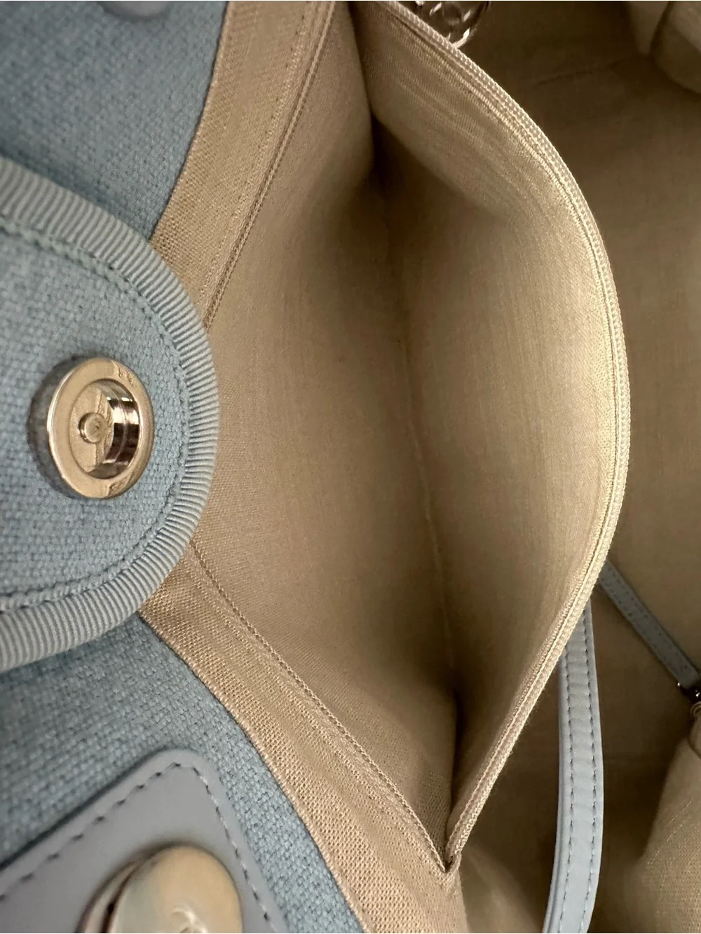 CHANEL Light Blue Canvas Tote with Chain-Strap Details